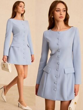 Commense Long Sleeve Fitted A-Line Dress Powder Blue Baby Blue Pastel XS